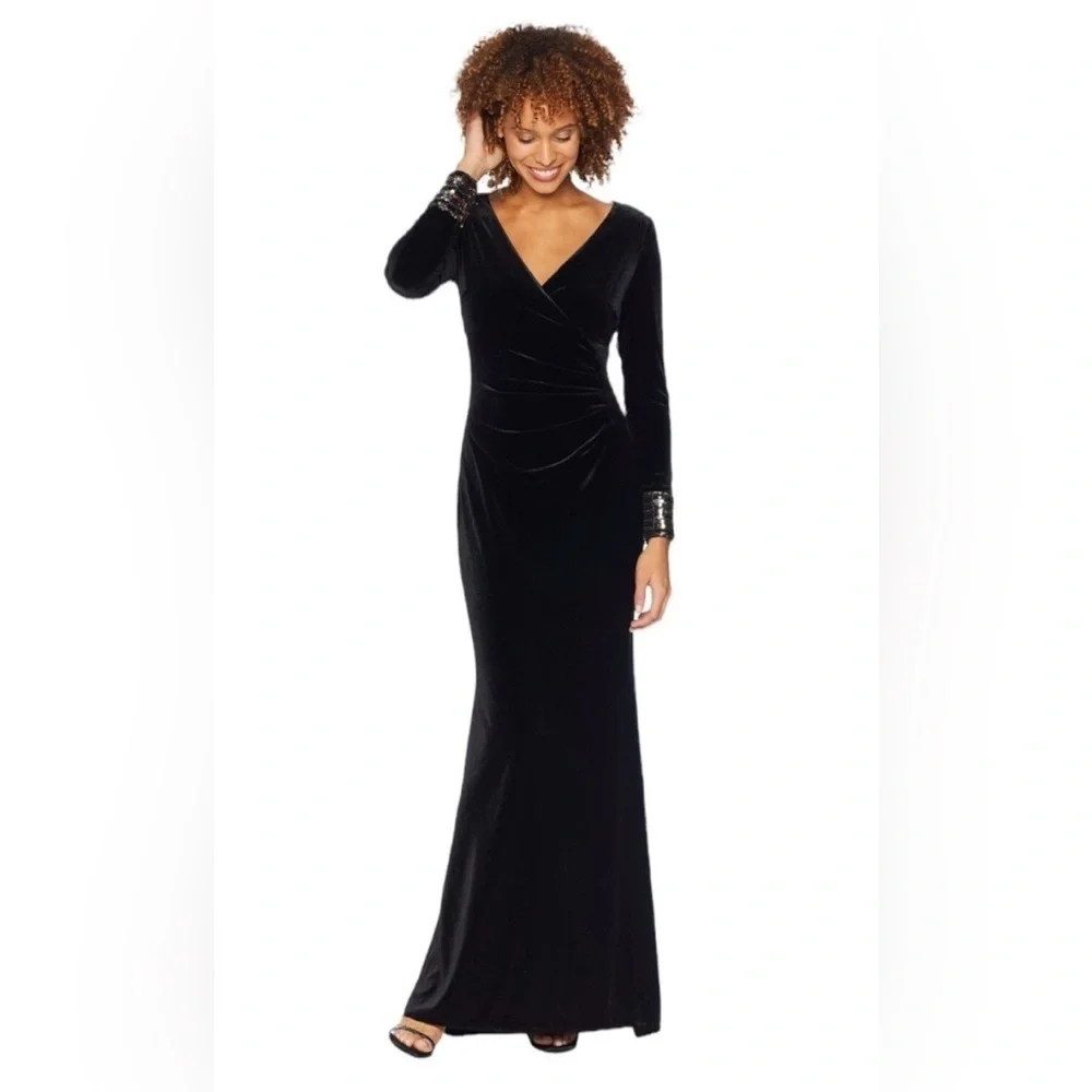 Vince Camuto Velvet Sequin Cuff Long Sleeve Gown